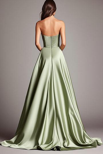 Dusty Sage Strapless A Line Ruched Satin Long Prom Dress with Slit